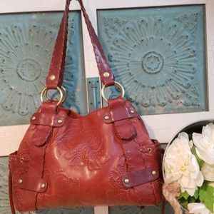 KOOBA BROWN FLORAL EMBOSSED LEATHER  SHOULDER BAG